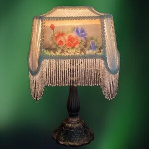Meyda Tiffany Victorian Style Fringe Beaded Boudoir Lamp W/Reverse Painted Shade